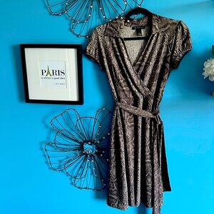 INC- gray snakeskin pattern, faux wrapped dress with tie. Size medium.